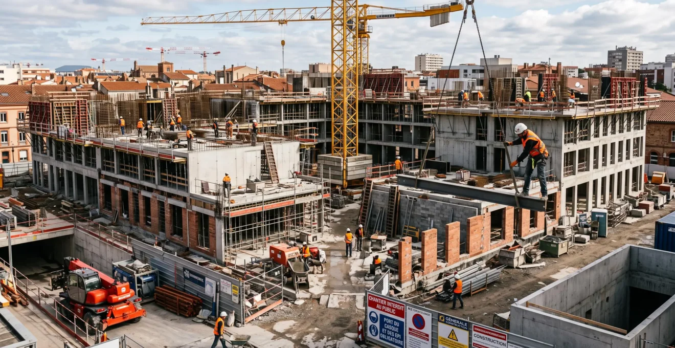 Chantier de construction actif montrant la structure du bâtiment avec plusieurs ouvriers, grue et équipements en opération.