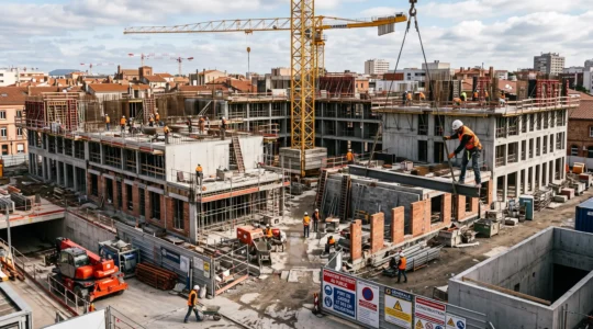 Chantier de construction actif montrant la structure du bâtiment avec plusieurs ouvriers, grue et équipements en opération.