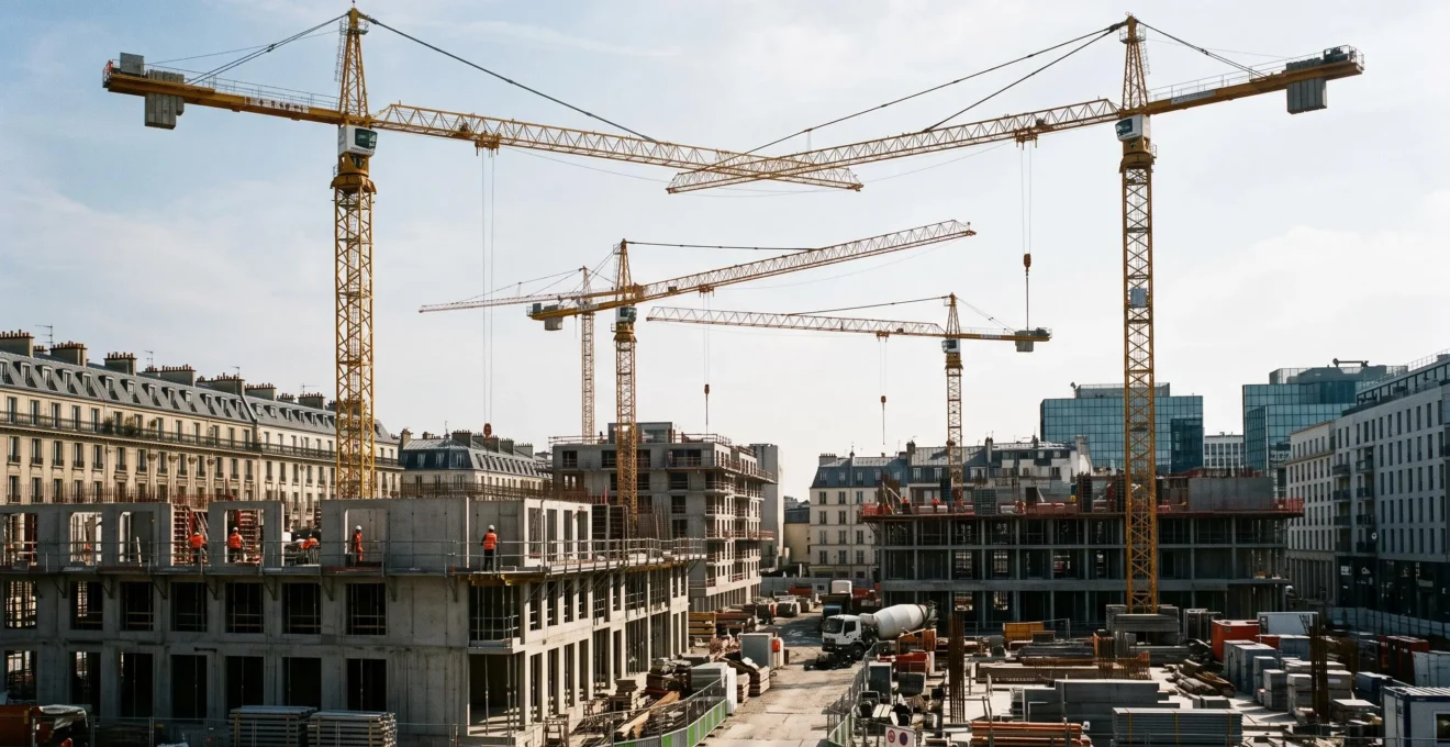 Plusieurs grues à tour en opération simultanée sur un chantier urbain actif montrant la complexité des opérations de levage coordonnées.