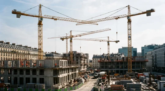Plusieurs grues à tour en opération simultanée sur un chantier urbain actif montrant la complexité des opérations de levage coordonnées.