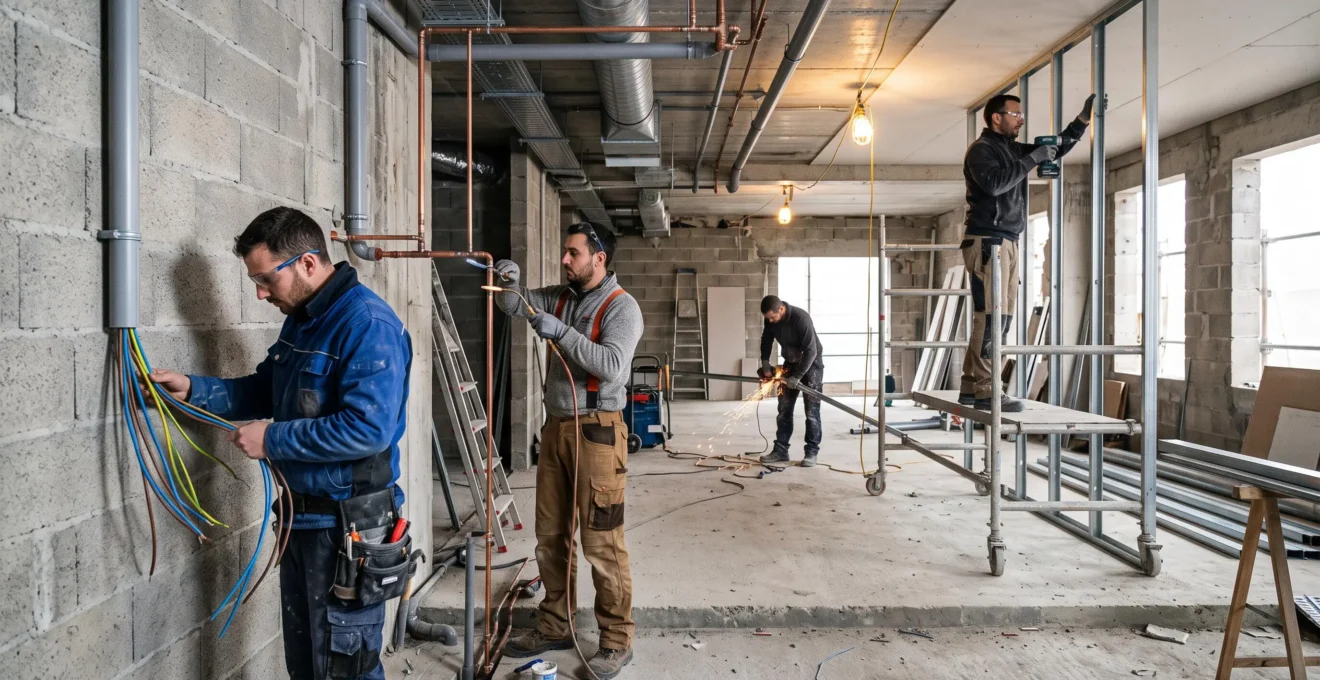 Ouvriers de différents corps de métier travaillant en coordination à l'intérieur d'un bâtiment en construction avec installations électriques et plomberie visibles.