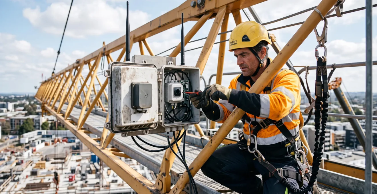 Technicien de sécurité installant un système anti-collision avec capteurs sur la structure métallique d'une grue à tour.