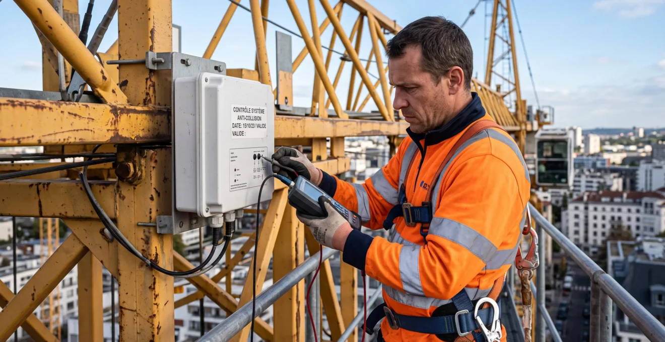 Technicien effectuant un contrôle diagnostic sur un système anti-collision installé sur une structure de grue à tour.