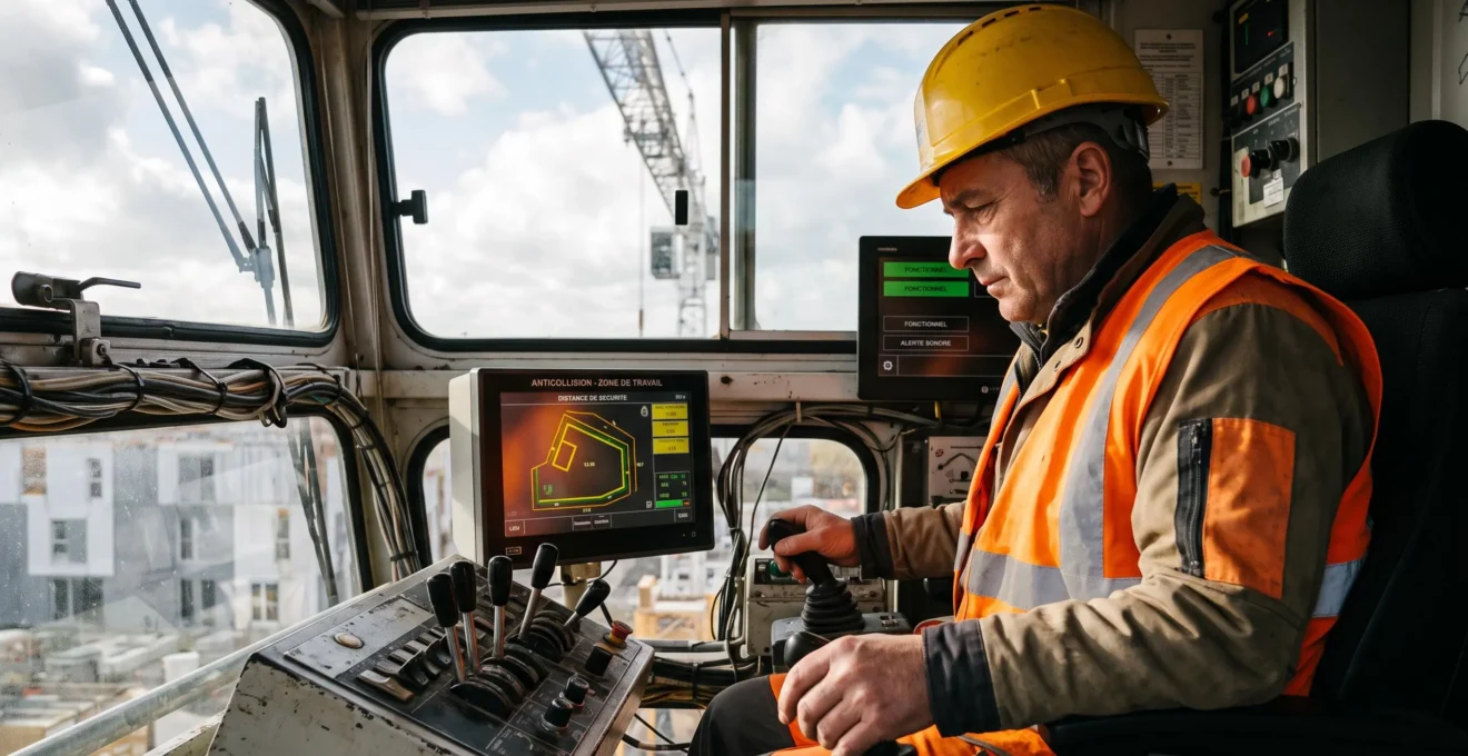 Opérateur de grue consultant l'interface d'un système anti-collision depuis la cabine de commande de la grue.
