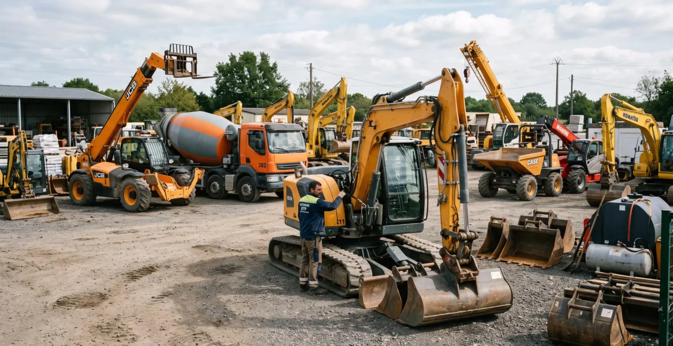 Parc de matériel de construction avec pelleteuses, chariots télescopiques et autres engins lourds, avec un responsable inspectant l'équipement.