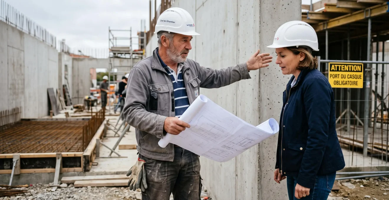 Professionnel du bâtiment expliquant des détails techniques à un client sur un chantier actif avec éléments structurels visibles.