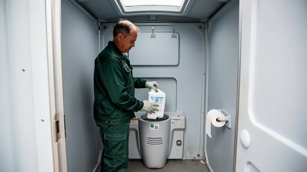 Un agent d'entretien ganté remplaçant la cartouche chimique et le papier à l'intérieur d'un WC autonome de chantier.