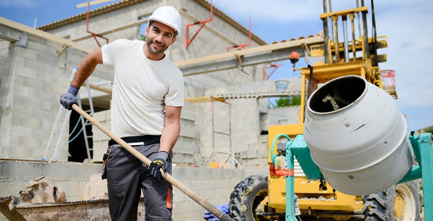 Ouvriers de différents corps de métier travaillant en coordination à l'intérieur d'un bâtiment en construction avec installations électriques et plomberie visibles.
