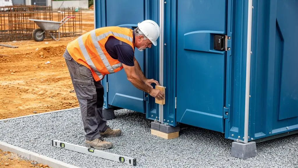 Un conducteur de travaux en gilet haute visibilité calant et stabilisant la base d'un WC autonome sur une zone gravelée de chantier.