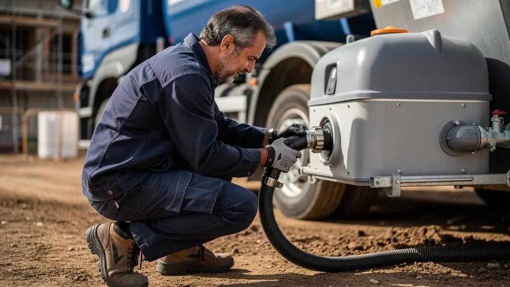 Un technicien accroupi raccordant le flexible d'un camion de vidange à la trappe de service d'un WC autonome de chantier.