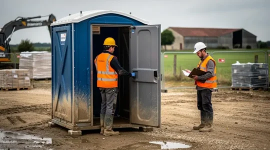 Un WC autonome de chantier installé sur un terrain nu, un ouvrier en gilet haute visibilité ouvrant la porte de la cabine sanitaire.