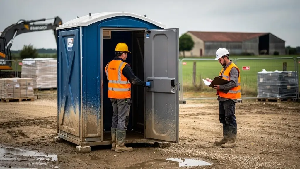 Un WC autonome de chantier installé sur un terrain nu, un ouvrier en gilet haute visibilité ouvrant la porte de la cabine sanitaire.